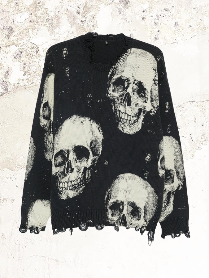 R13 Strickpullover mit Totenkopf-Print im Used-Look – MDE