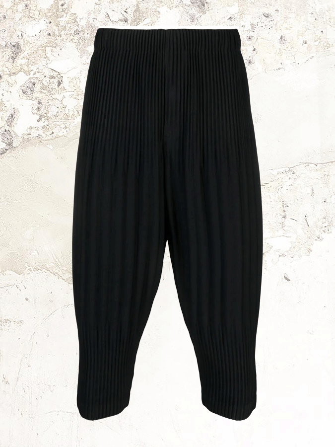 Homme Pliss Issey Miyake black cropped drop crotch trousers MDE