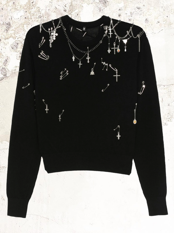 R13  safety-pin embellished crew-neck sweater