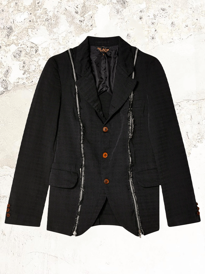 Schwarzes Comme Des Garçons Blazer mit Reißverschlussdetails und einreihiger Knopfleiste