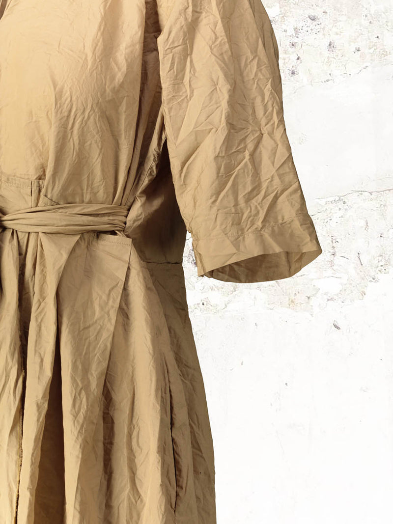Daniela Gregis Short-Sleeve Belted Khaki Midi Dress